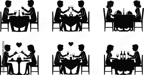 Romantic couple dinner black silhouette set featuring man and woman having date at restaurant with wine and candles isolated on white background vector.