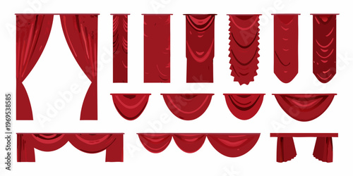 Collection of red drapery and curtain styles arranged in a grid