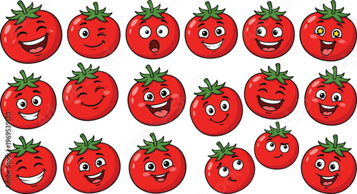 Cute Cartoon Tomato Emoji Set Funny Red Vegetable Characters with Different Facial Expressions Smiling Winking Laughing Vector Illustration Pack
