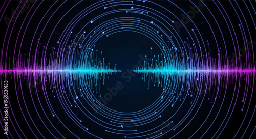 Vibrant sound wave graphic with concentric circles and neon lights on dark background conveying energy and technology