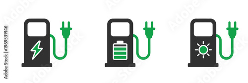 Electric Gas Station Icons Fuel Energy Charging Petrol Service Pump Power Eco Transport Vector Illustration Set Isolated Background