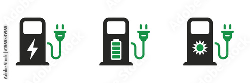 Electric Gas Station Icons Fuel Energy Charging Petrol Service Pump Power Eco Transport Vector Illustration Collection Isolated Background