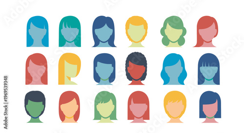 Diverse Women Faces Icons Colorful Illustration Female Portraits Hair Styles Vector Graphic Design Stock Image for Website and App