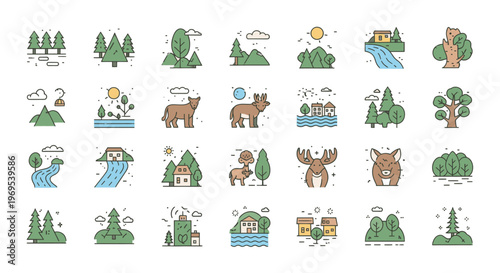 Nature Landscape Icons Set - Forest Wildlife River House Vector Illustration Design Elements for Website and App Graphics