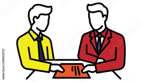 Two professionals collaborating over a tablet device in a business meeting