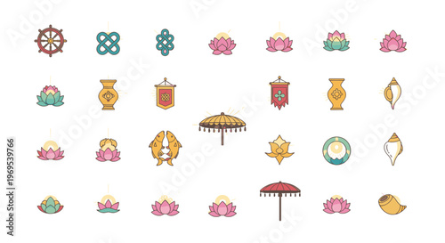 Buddhist Icon Set Illustration - Lotus Flower Dharma Wheel Parasol Symbols and Elements for Spiritual Design and Meditation