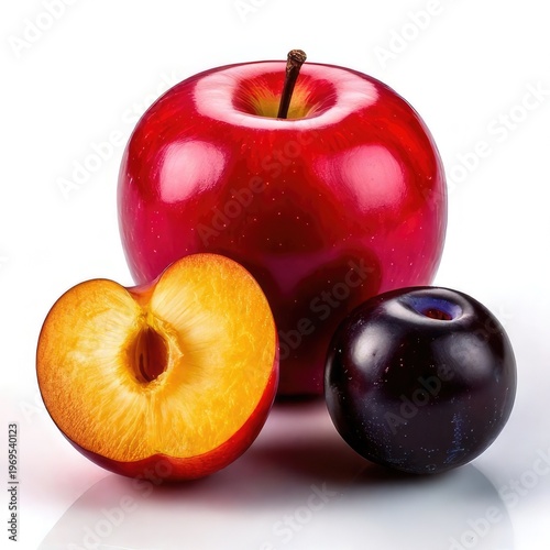 Still life of red apple and plums, one cut open