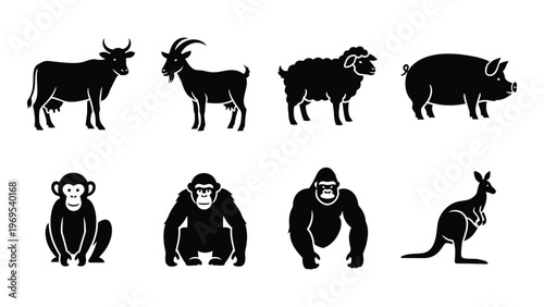 A collection of farm and wild animal silhouettes including a cow goat sheep pig monkeys and a kangaroo silhouette high quality