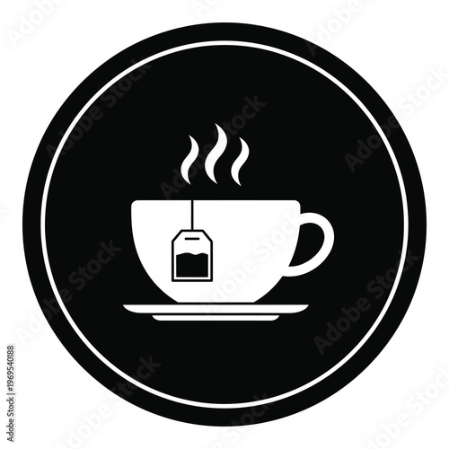 Tea cup with steam and tea bag on saucer in circle icon