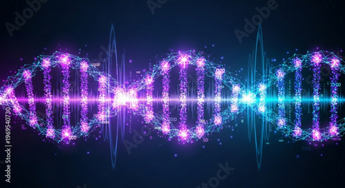 Vibrant dna double helix with purple and blue neon lights on dark background symbolizing genetic code and biotechnology