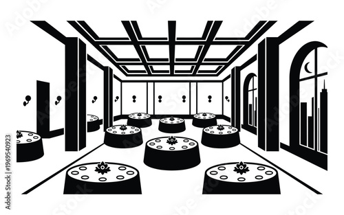 Elegant vintage dining room with circular tables and ornate ceiling beams