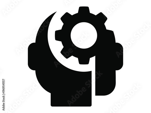 A stylized icon combining a crescent moon and interlocking gears