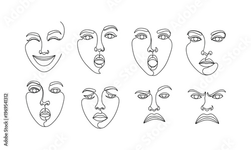 Continuous line art faces showing different human emotional expressions.