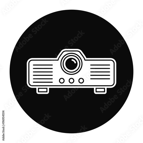 White projector icon on dark circle background for presentation technology icon