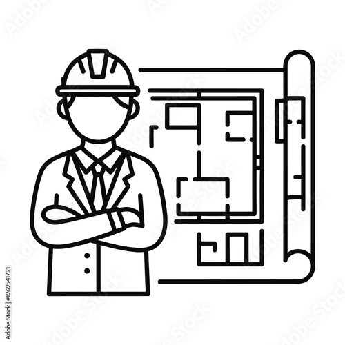 Architect with arms crossed standing next to blueprint plan icon