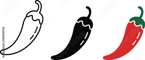 Red chili pepper icon set with outline silhouette and colorful versions for spicy food Mexican cuisine and organic vegetable grocery design vector