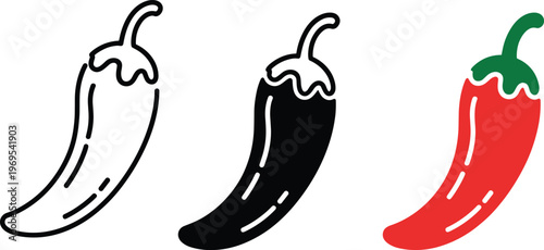 Red chili pepper icon set with outline silhouette and colorful versions for spicy food Mexican cuisine and organic vegetable grocery design vector