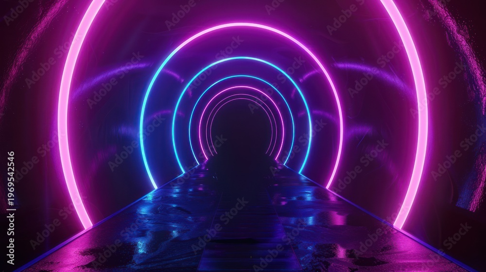 Naklejka premium 3d render, glowing lines, tunnel, neon lights, virtual reality, abstract background, square portal, arch, pink blue spectrum vibrant colors, laser show Dark room with neon light and podium.