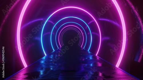 3d render, glowing lines, tunnel, neon lights, virtual reality, abstract background, square portal, arch, pink blue spectrum vibrant colors, laser show Dark room with neon light and podium.