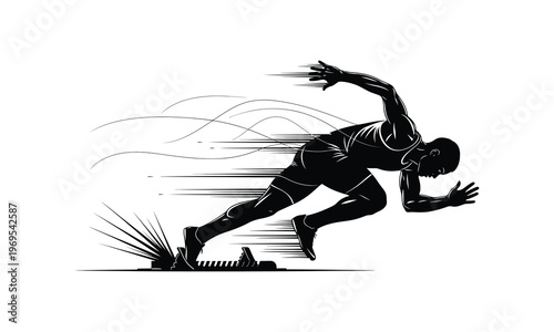 Dynamic sprinter starting run from blocks with speed motion lines art.