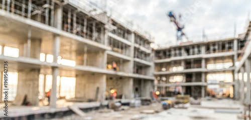 A blurred construction site showcasing an unfinished building with scaffolding, illustrating urban development and ongoing infrastructure work.