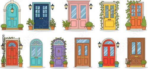 Colorful house doors collection with plants decorative entrances vintage style architecture vector illustration set isolated design
