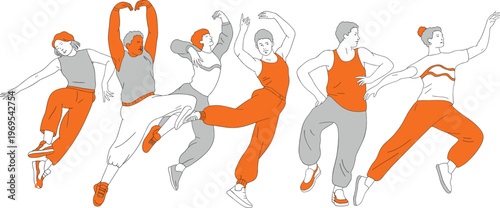 Group of modern dancers in orange and grey outfits performing expressive contemporary dance moves for artistic stage performance vector