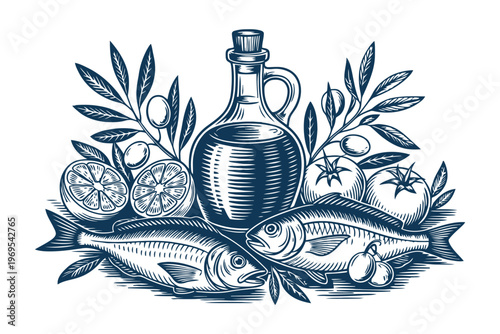 Blue vintage of fish with olive oil bottle citrus and herbs blue fish lemons