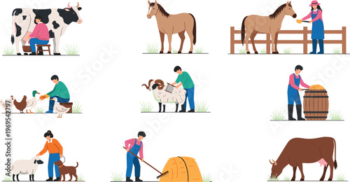 Farm animals care and farming activities collection livestock feeding milking harvesting rural life vector illustration set
