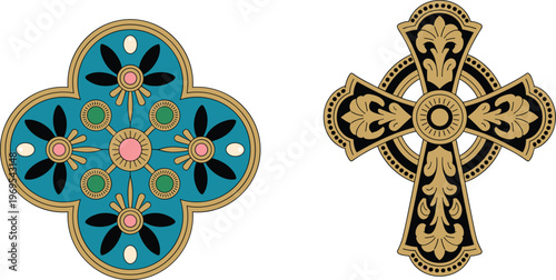 Vintage ornamental cross and decorative floral emblem vector set with intricate classical details for luxury brand identity design.