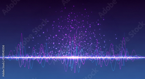 Vibrant purple and blue sound wave with sparkling particles on a dark gradient background conveying energy and technology