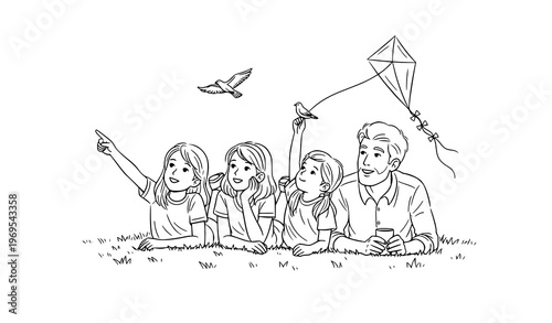 Children and adults looking at sky vector illustration in black and white isolated sketch style for playful outdoor scenes