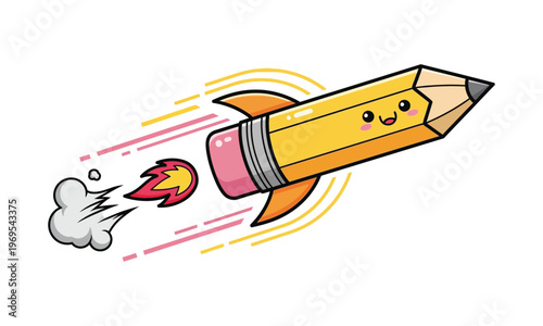 Happy pencil rocket flying with flames and smoke education concept.