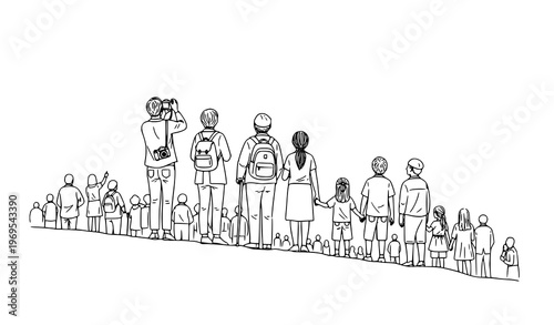 Crowd gazing at night sky vector set in black and white isolated sketch illustration for stargazing and astronomy concepts