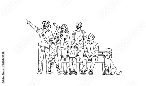People gazing at sky vector set with black and white isolated sketch characters for observation and outdoor illustrations