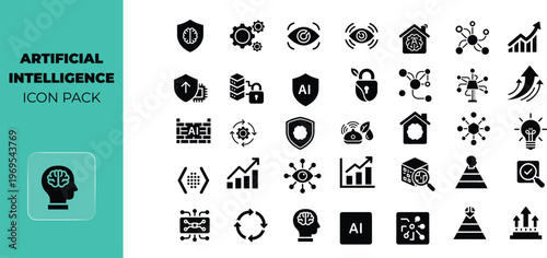 Comprehensive collection of artificial intelligence security and neural network icons for advanced digital software interface development projects
