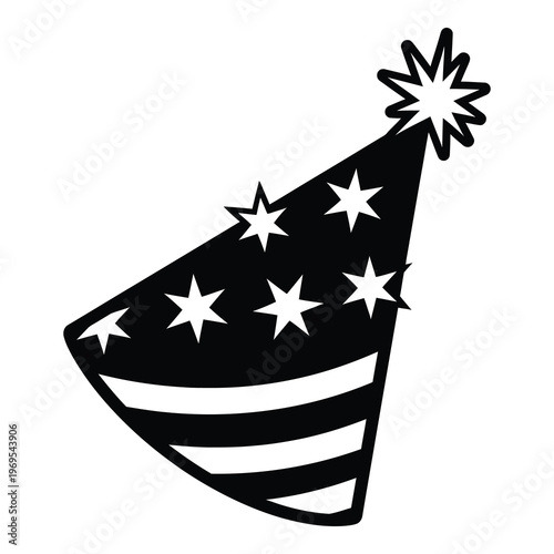 Blackandwhite illustration of a party hat with stars and stripes icon