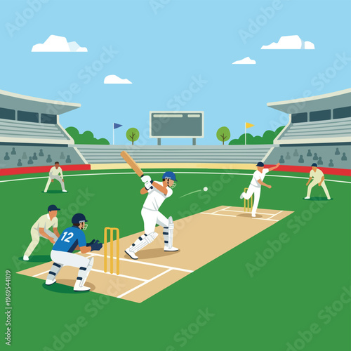 Cricket Match Illustration with Batsman, Bowler, and Wicketkeeper in a Stadium Stadium Background