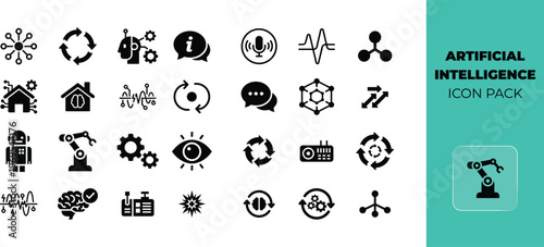 Set of modern artificial intelligence icons featuring robotic technology and machine learning symbols for digital interfaces