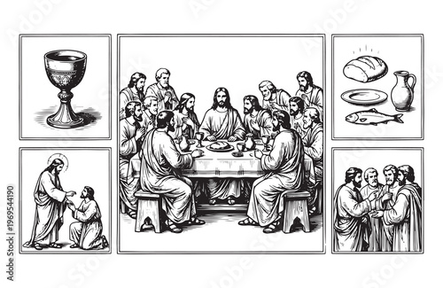 The last supper and associated biblical symbols in historical illustration