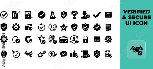 Set of verified and secure user interface glyph icons for banking and digital authentication software solutions
