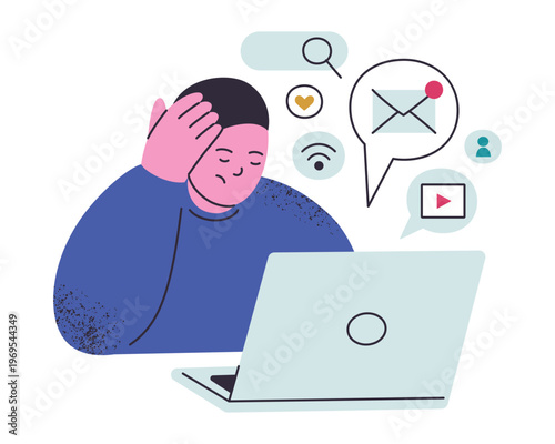 Exhausted man at laptop holding head, flat cartoon character overwhelmed by online notifications, emails, social media and video overload. Digital burnout and internet fatigue vector illustration