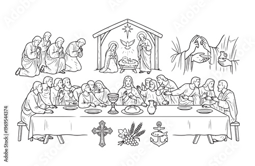 Illustration of biblical nativity and last supper scenes with religious symbols