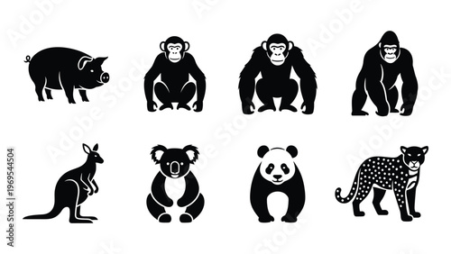 A collection of black silhouettes depicting various animals including a pig monkeys kangaroo and a leopard silhouette high quality professional detailed