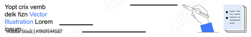 Writing, proofreading, editing, content creation, publishing, educational documents. A hand with a pen pointing to a document filled with text. Writing and proofreading concept