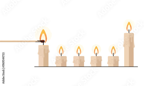 Row of lit candles being ignited by match stick on white background.
