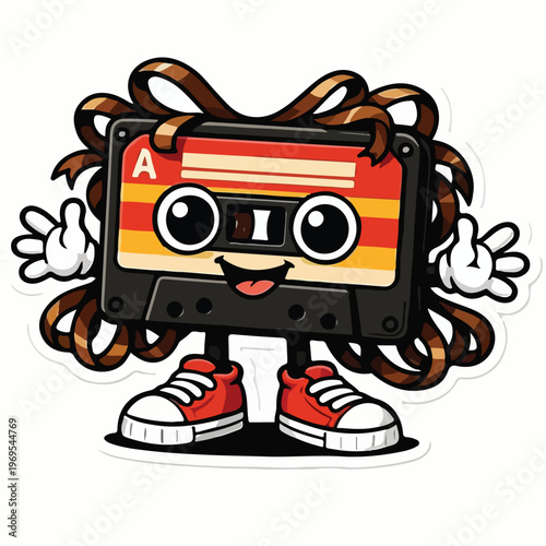 Playful anthropomorphic vintage cassette tape character featuring tangled brown tape for hair and a joyful expression ready to spread retro vibes.