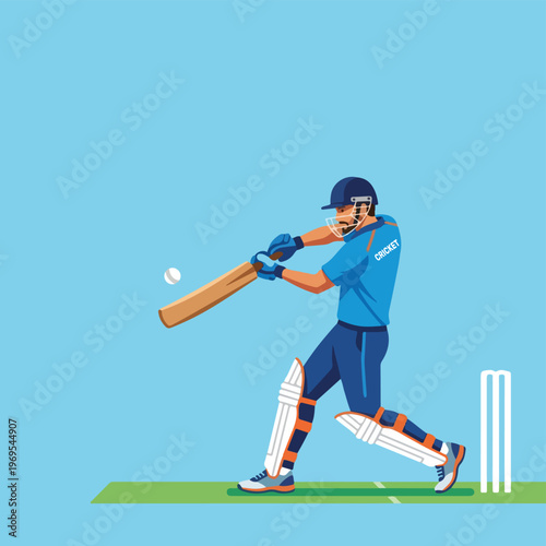 Cricket Batsman Playing a Shot Illustration - Professional Cricketer in Blue Jersey Vector Art