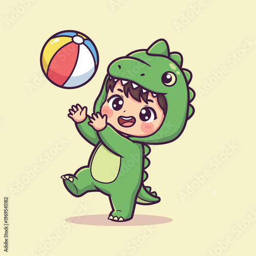 Cute Child in Dinosaur Costume Playing with Beach Ball Cartoon Vector Illustration