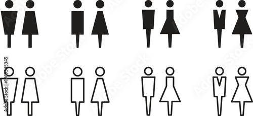 Restroom Gender Icons Set. Male and Female Toilet Symbols in Outline and Solid Glyph Styles